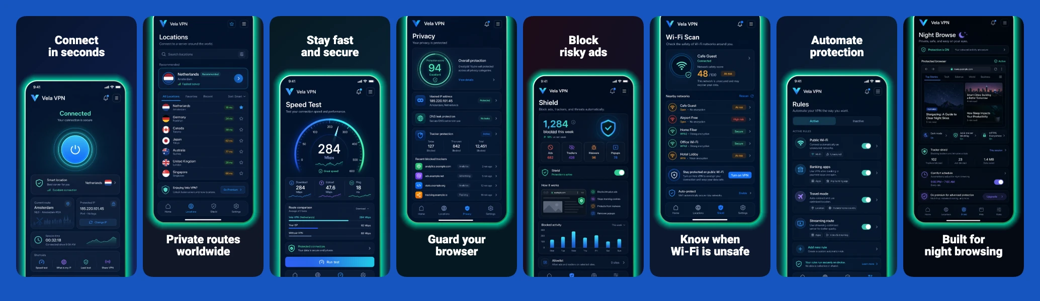 Vela VPN app store screenshot set